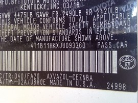 2018 TOYOTA CAMRY, WHITE, LE, 2.5L, AT,  Z24927